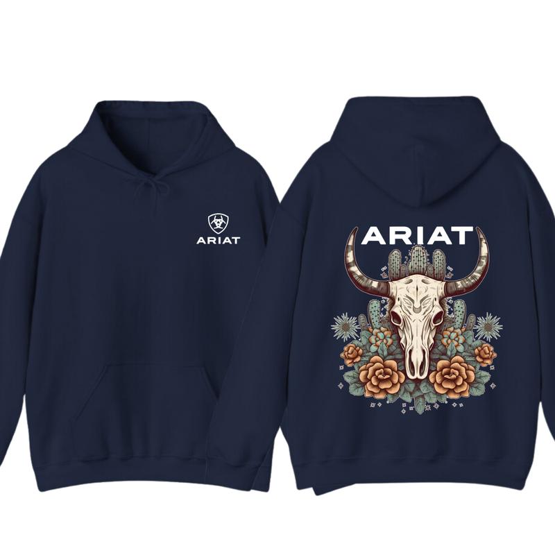 Ariat Hoodie - Tshirt, Featuring A Bull Skull Design With Unique Cactus Floral Patterns, Perfect For Outdoor Adventures, Casual, Classic Fashion Cotton Underwear Shirt Womenswear And Menswear Comfort