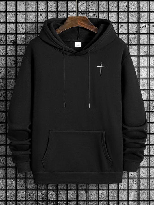 Cross Print Men's Hoodie with Drawstring Pocket, Regular Fit Long Sleeve Sweatshirt, Casual Men's Fashion for Spring & Fall Daily WearÂ 