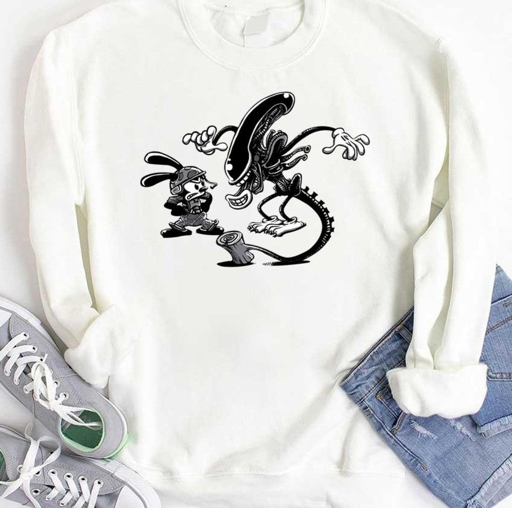 Oswald The Lucky Rabbit Vs Alien Black Unisex Hoodie