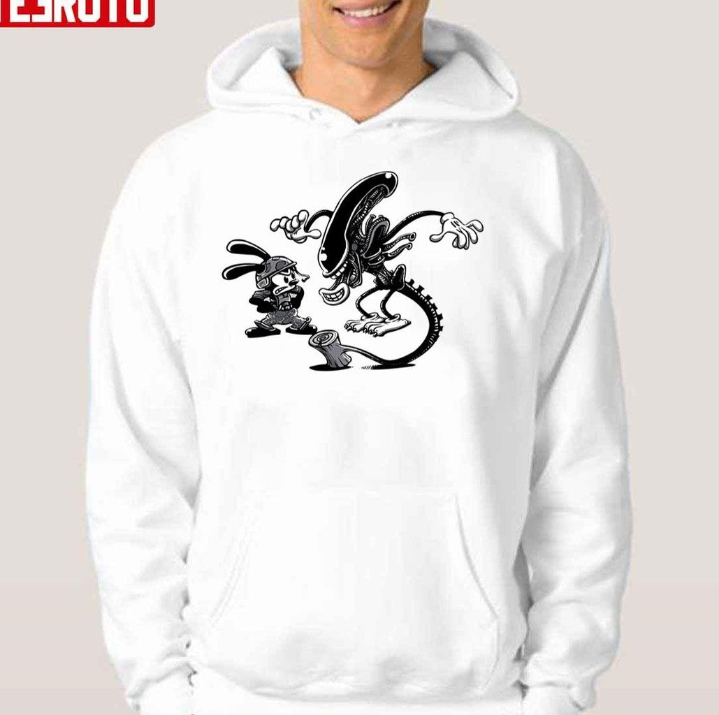 Oswald The Lucky Rabbit Vs Alien Black Unisex Hoodie