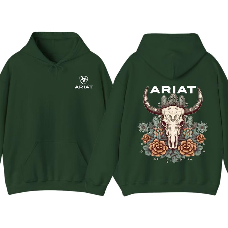 Ariat Hoodie - Tshirt, Featuring A Bull Skull Design With Unique Cactus Floral Patterns, Perfect For Outdoor Adventures, Casual, Classic Fashion Cotton Underwear Shirt Womenswear And Menswear Comfort