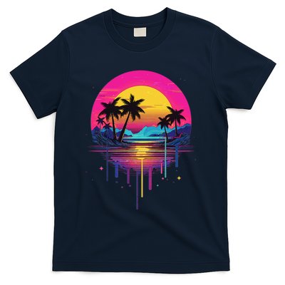 Retro 1980s Palm Tree Sunset Sunrise Pain Drip T-Shirt