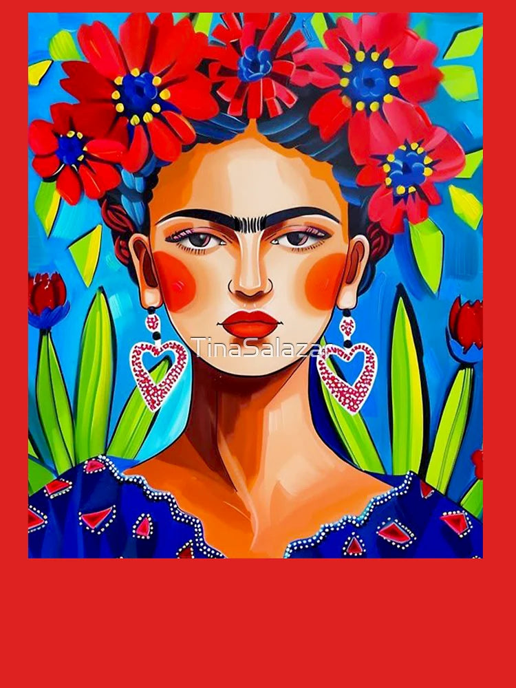 Frida Blue and Red Flowers Mexican Folk Art  Classic T-Shirt