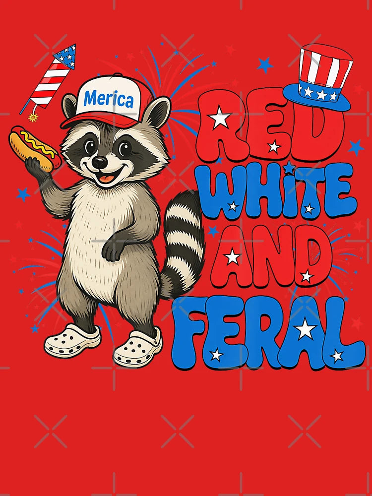 Red White And Feral Funny Raccoon USA 4Th Of July Boys Classic T-Shirt