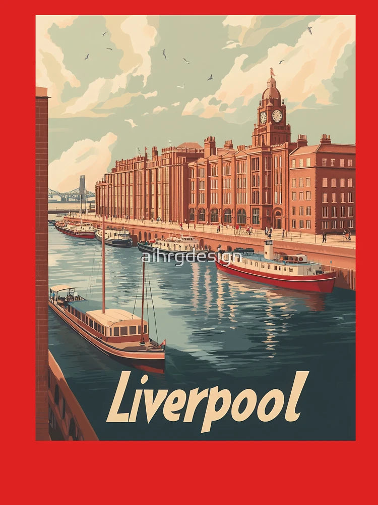 This classic travel poster features Liverpools beautiful waterfront, boasting elegant buildings and boats on the river, inviting visitors to Classic T-Shirt