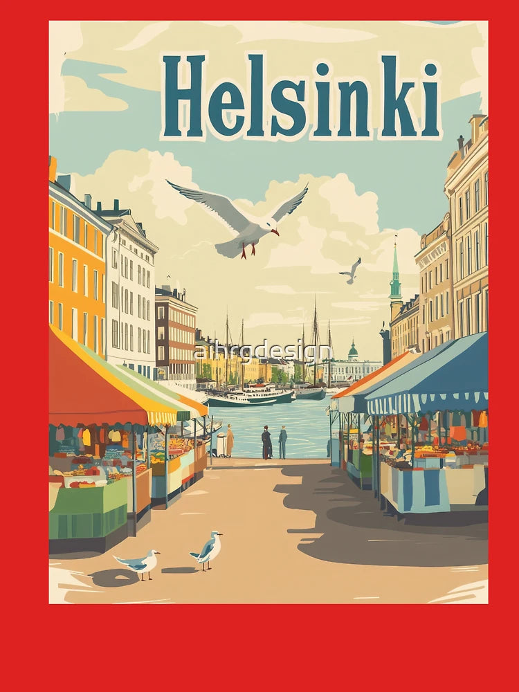 Colorful market stalls line the waterfront in Helsinki, attracting visitors and locals. The lively atmosphere features a blend of fresh Classic T-Shirt