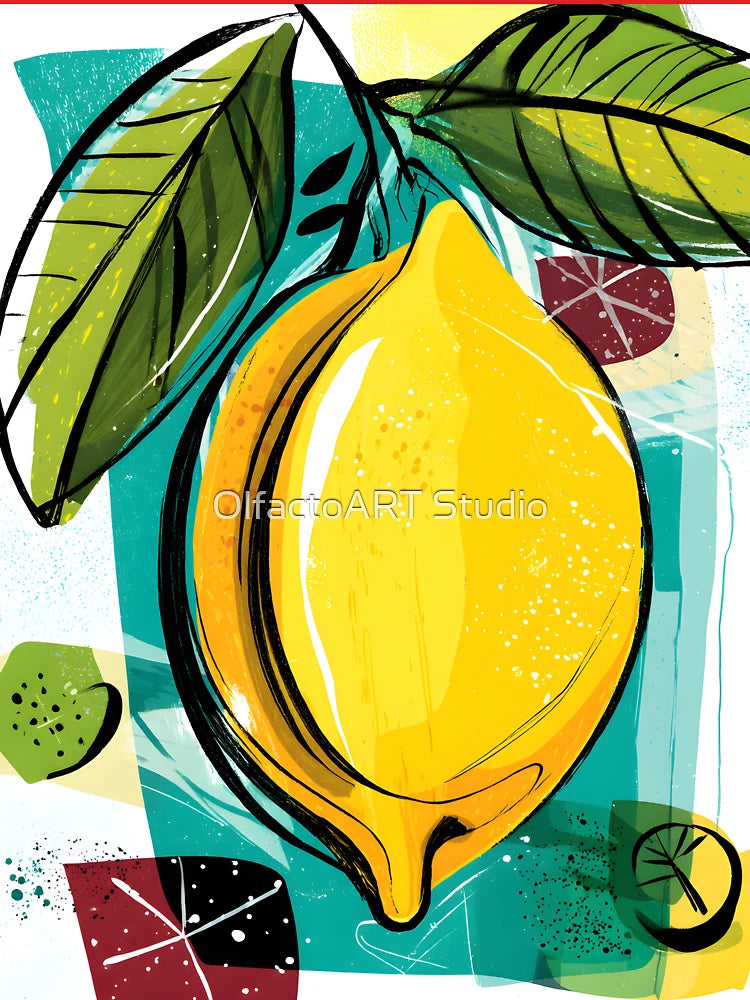 Vibrant Lemon Burst - Bold Lemon Surrounded by Geometric Shapes and Leaves in Dynamic Composition Classic T-Shirt