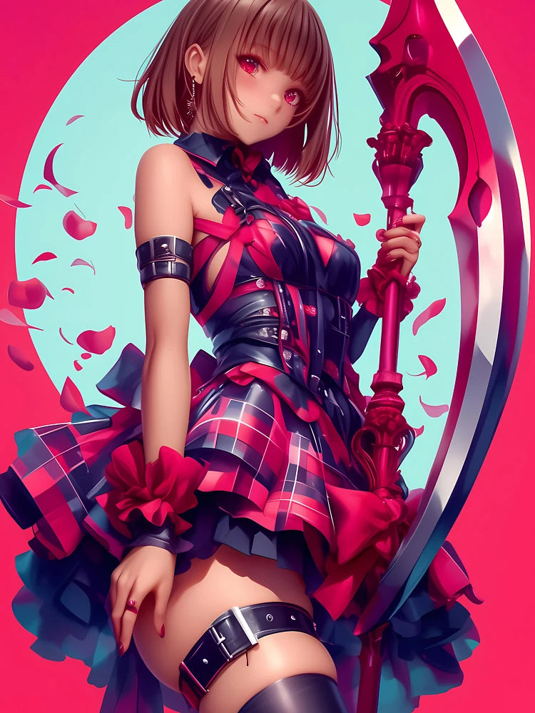 Anime Crimson Warrior Girl Holding Scythe Gothic Checkered Dress Classic T-Shirt