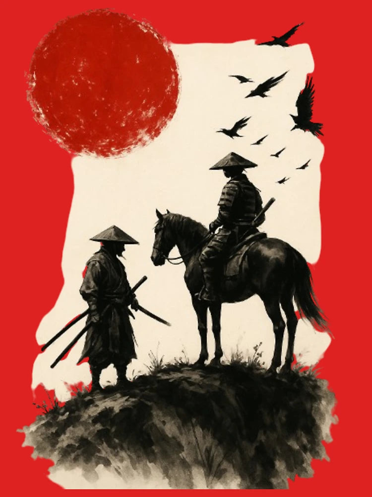 Two Samurai Under Red Rising Sun Sky Classic T-Shirt