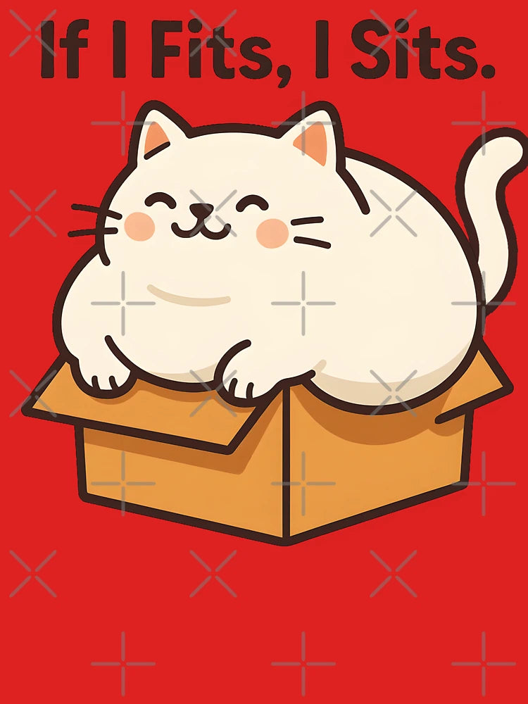 Chonky Cat in Cardboard Box | “If I Fits, I Sits” Funny Cat Meme | Cute White Cat Vector Art | Minimal Design Classic T-Shirt