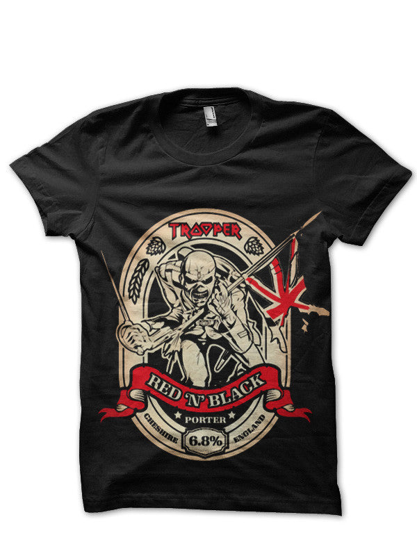 Iron Maidenâ€™s â€˜Trooper Red â€˜Nâ€™ Blackâ€™ Black T-Shirt