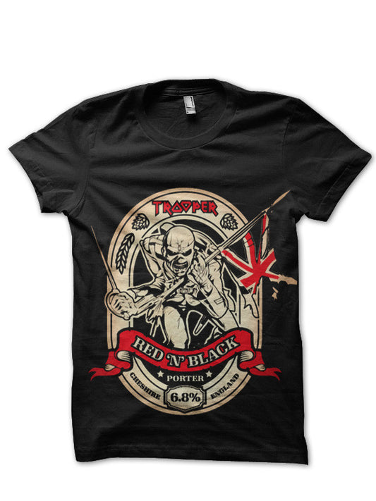Iron Maidenâ€™s â€˜Trooper Red â€˜Nâ€™ Blackâ€™ Black T-Shirt