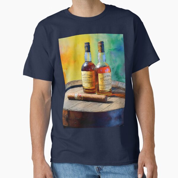 Whiskey Bottles and Cigar on Wooden Barrel - Lively Rainbow-Colored Background Classic T-Shirt