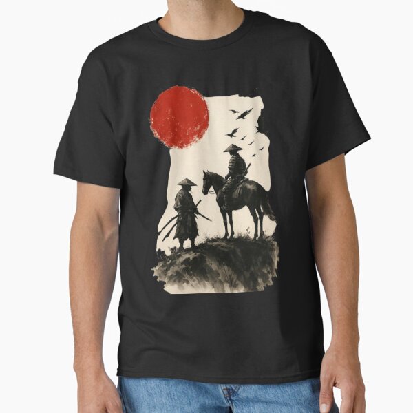 Two Samurai Under Red Rising Sun Sky Classic T-Shirt