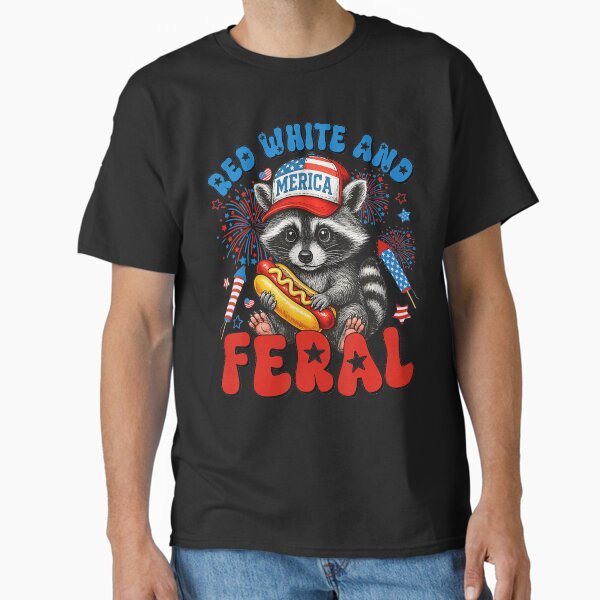 Red White And Feral Funny Raccoon USA 4Th Of July Boys Kids Classic T-Shirt