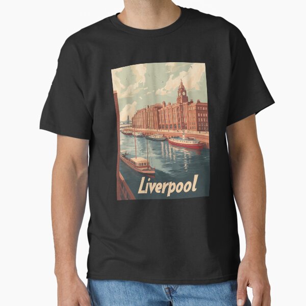 This classic travel poster features Liverpools beautiful waterfront, boasting elegant buildings and boats on the river, inviting visitors to Classic T-Shirt
