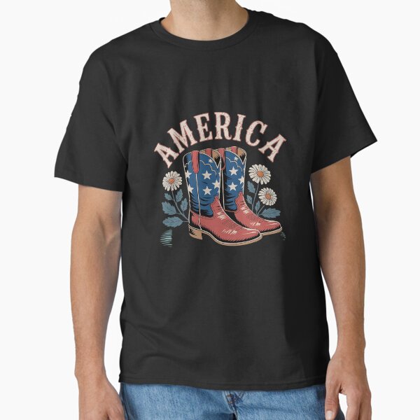America Blue Red White Boots & Flowers Patriotic 4th Western Classic T-Shirt