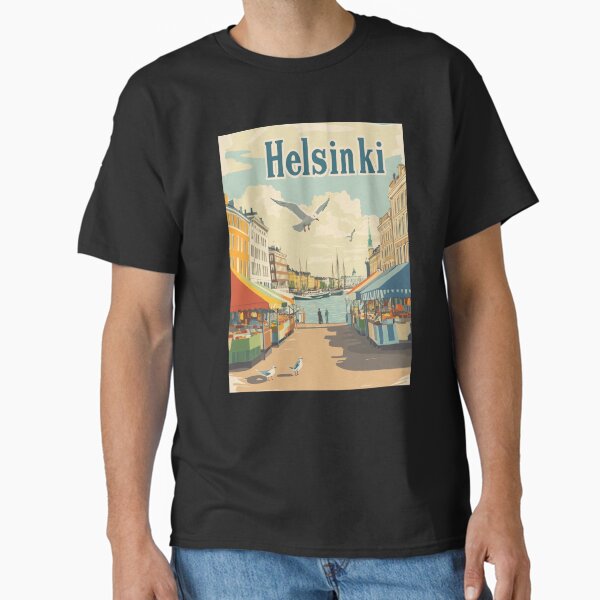 Colorful market stalls line the waterfront in Helsinki, attracting visitors and locals. The lively atmosphere features a blend of fresh Classic T-Shirt