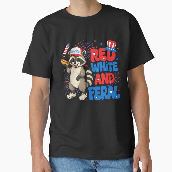 Red White And Feral Funny Raccoon USA 4Th Of July Boys Classic T-Shirt
