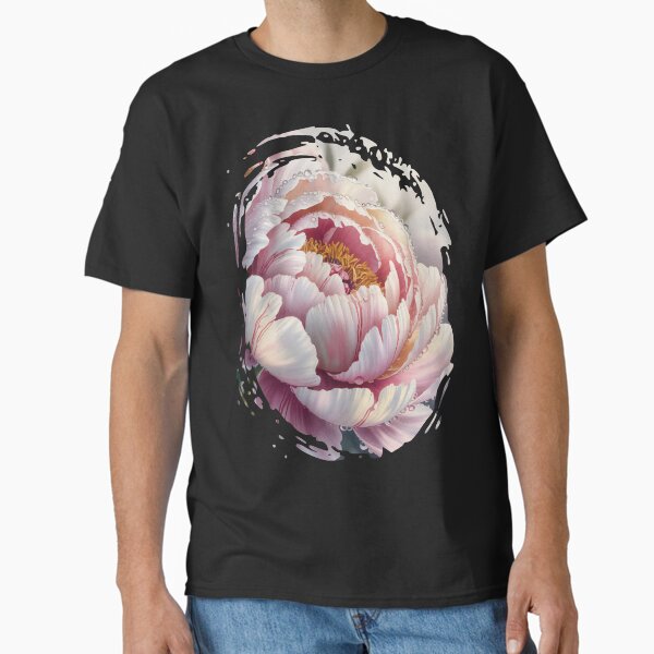 Pink peony with dew drops, Elegant flowers closeup of a delicate peony, Romantic petal design with water drops Pink and white peony blossom, Dreamy floral motif Classic T-Shirt