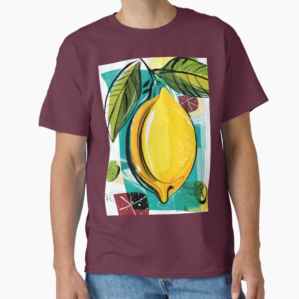 Vibrant Lemon Burst - Bold Lemon Surrounded by Geometric Shapes and Leaves in Dynamic Composition Classic T-Shirt