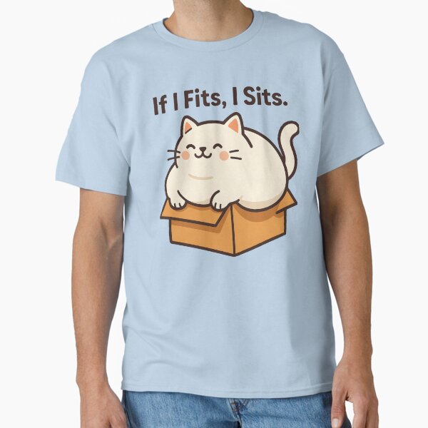 Chonky Cat in Cardboard Box | “If I Fits, I Sits” Funny Cat Meme | Cute White Cat Vector Art | Minimal Design Classic T-Shirt
