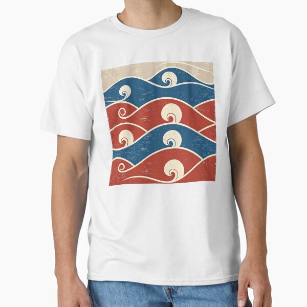Japanese Wave Pattern – Retro Red & Blue Ukiyo-e Inspired Design Classic T-Shirt