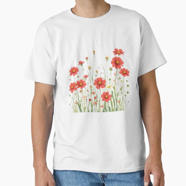 Red Cosmos and White Daisy Wildflower Bouquet Classic T-Shirt