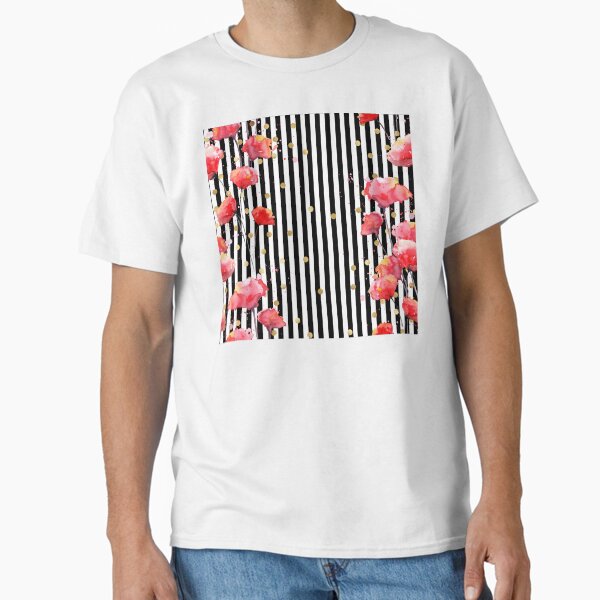 Watercolor Poppies Stripped Gold Dots Pattern Classic T-Shirt