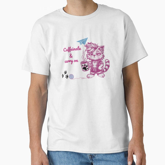 Caffeinate and Carry On â€“ Tired Cat Mom with Coffee & Yarn Classic T-Shirt