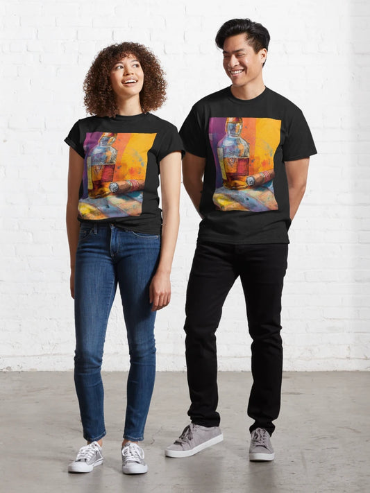 Whiskey Bottle and Cigar on Wooden Barrel - Vibrant Multicolored Splashes and Abstract Patterns Classic T-Shirt