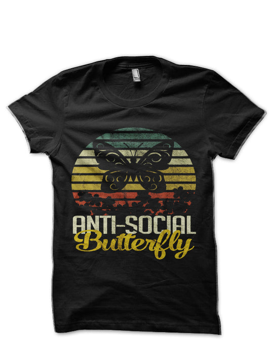 Funny Anti Social Butterfly Introverts Vintage Retro Style Black Half Sleeve T-Shirt